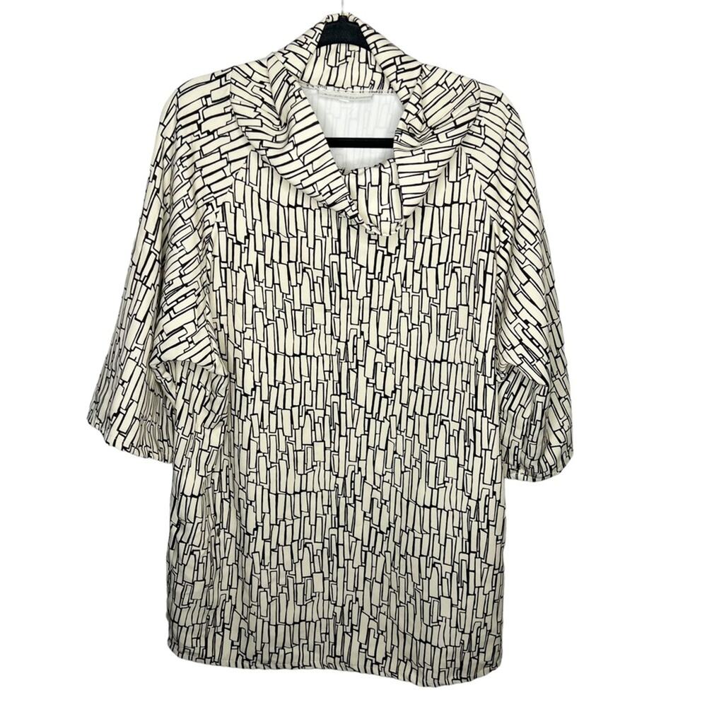 BRYN WALKER / ivory black boxy cowl neck lagenlook 3/4 sleeve tunic dress / XS